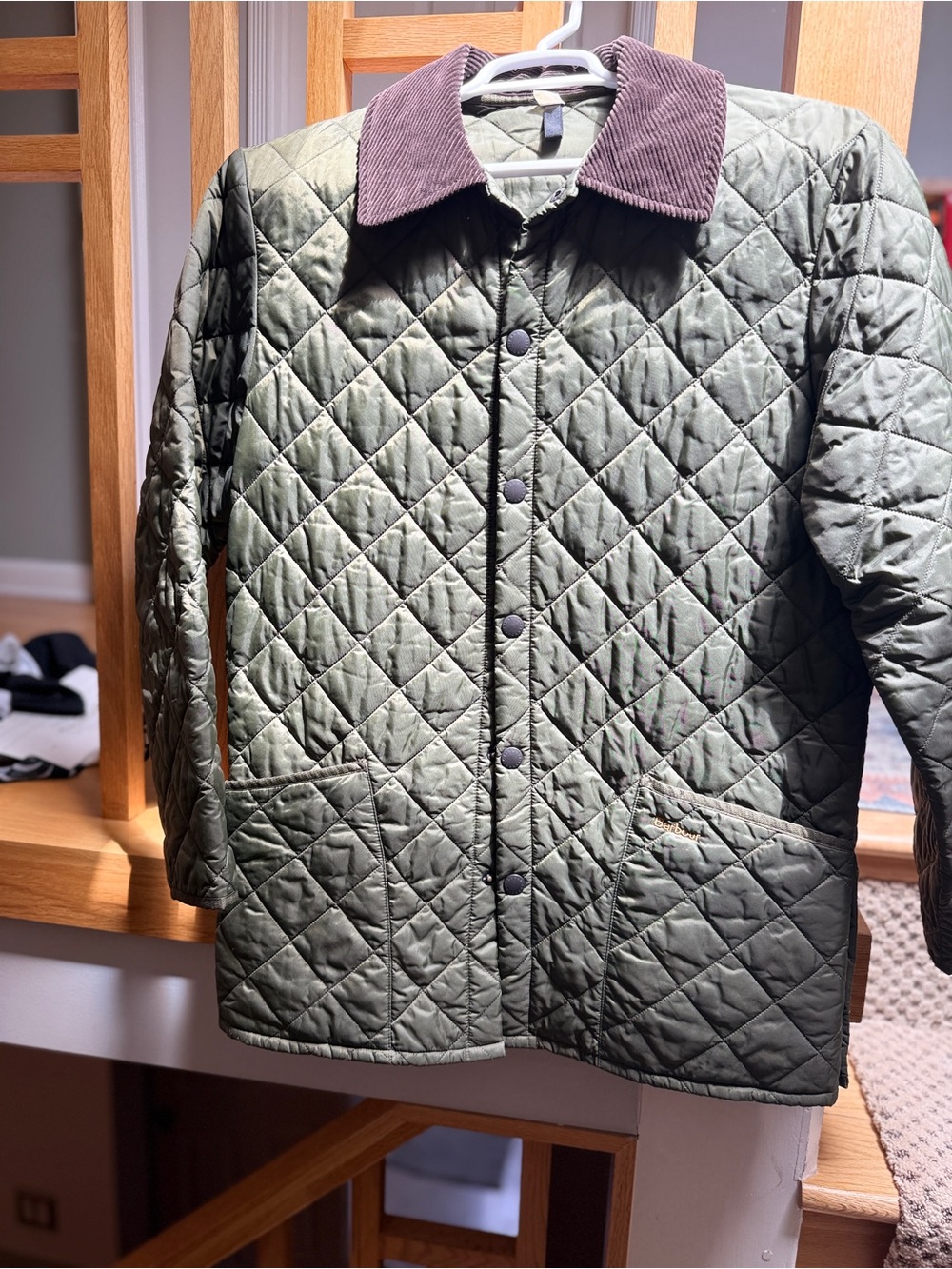 Barbour Olive Quilted Utility Jacket with Brown Corduroy Collar